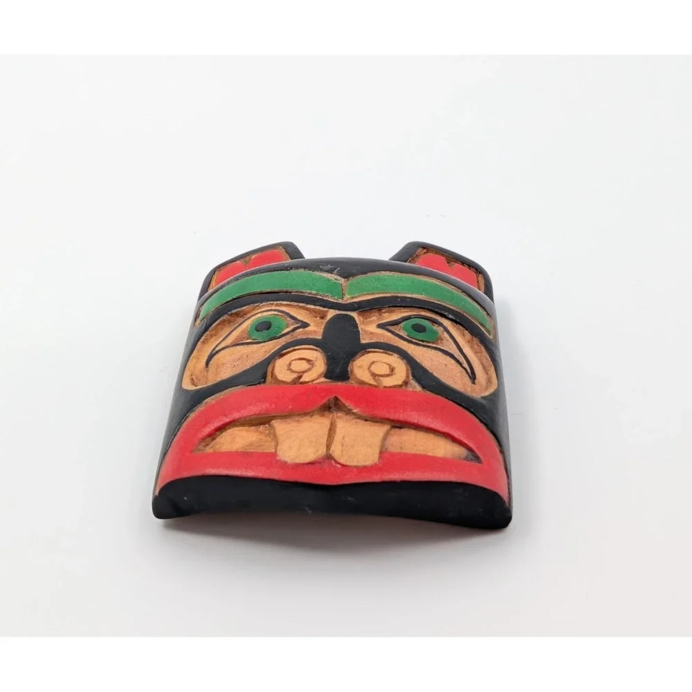 Artie George Signed Beaver Mask Brooch Carved Yellow Cedar Salish‎ First Nations